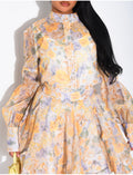 Ensemble 3 pièces en voile imprimés & perles dorées jupe courte, blouse et débardeur