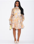 Ensemble 3 pièces en voile imprimés & perles dorées jupe courte, blouse et débardeur