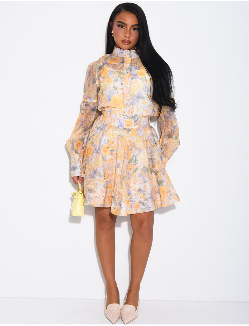 Ensemble 3 pièces en voile imprimés & perles dorées jupe courte, blouse et débardeur