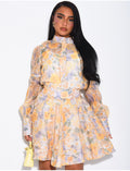Ensemble 3 pièces en voile imprimés & perles dorées jupe courte, blouse et débardeur