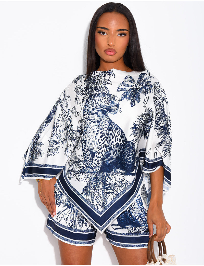 Ensemble top et short en satin à motif style foulard