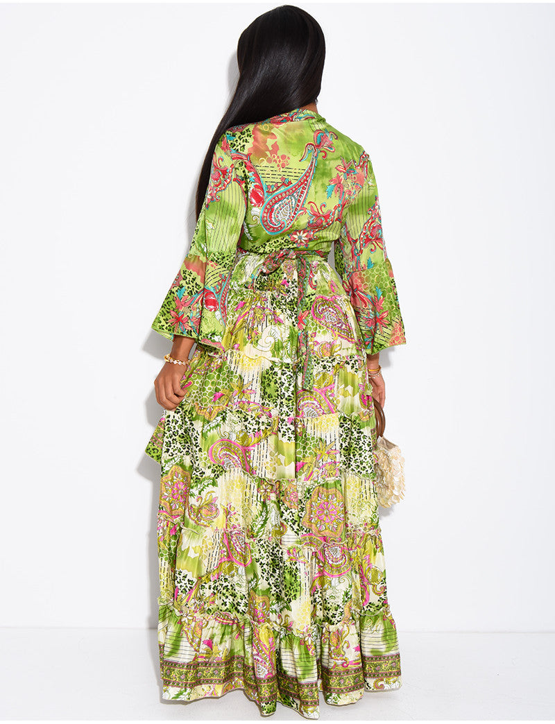 Ensemble jupe longue à volants asymétrique et top à nouer