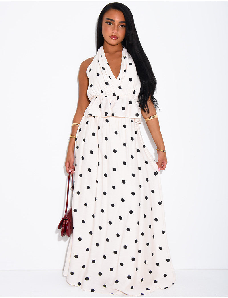 Ensemble à pois jupe longue et crop top dos nu