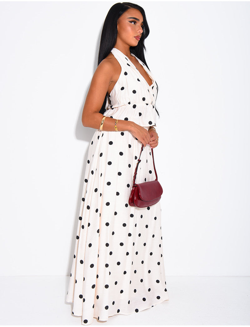 Ensemble à pois jupe longue et crop top dos nu