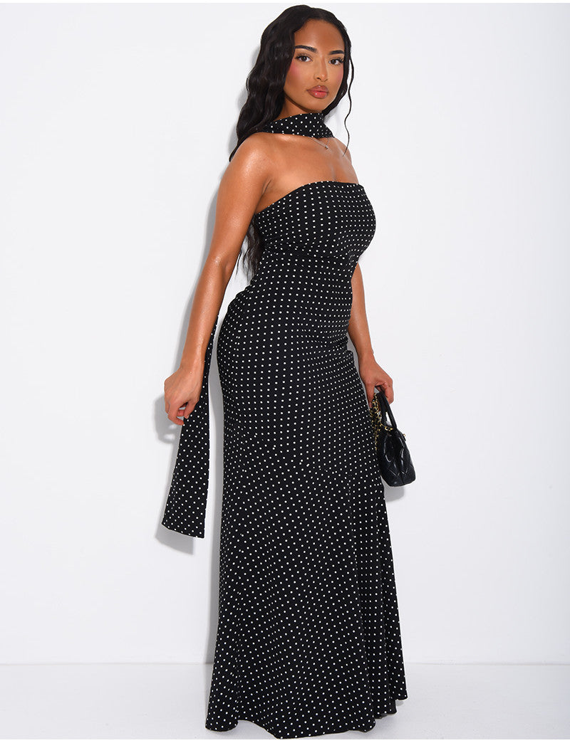 Robe longue en voile à pois et châle assorti
