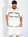 Ensemble ajouré à rayures short et chemise à boutons perle