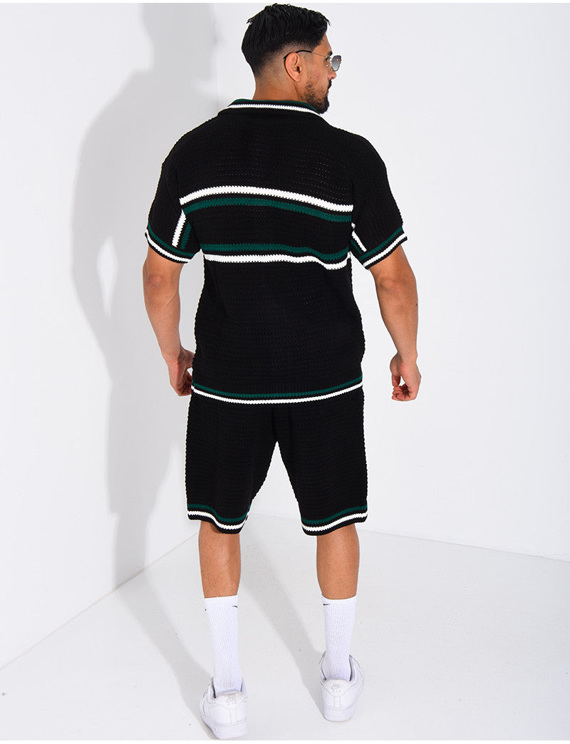 Ensemble ajouré à rayures short et chemise à boutons perle