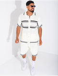 Ensemble ajouré à rayures short et chemise à boutons perle