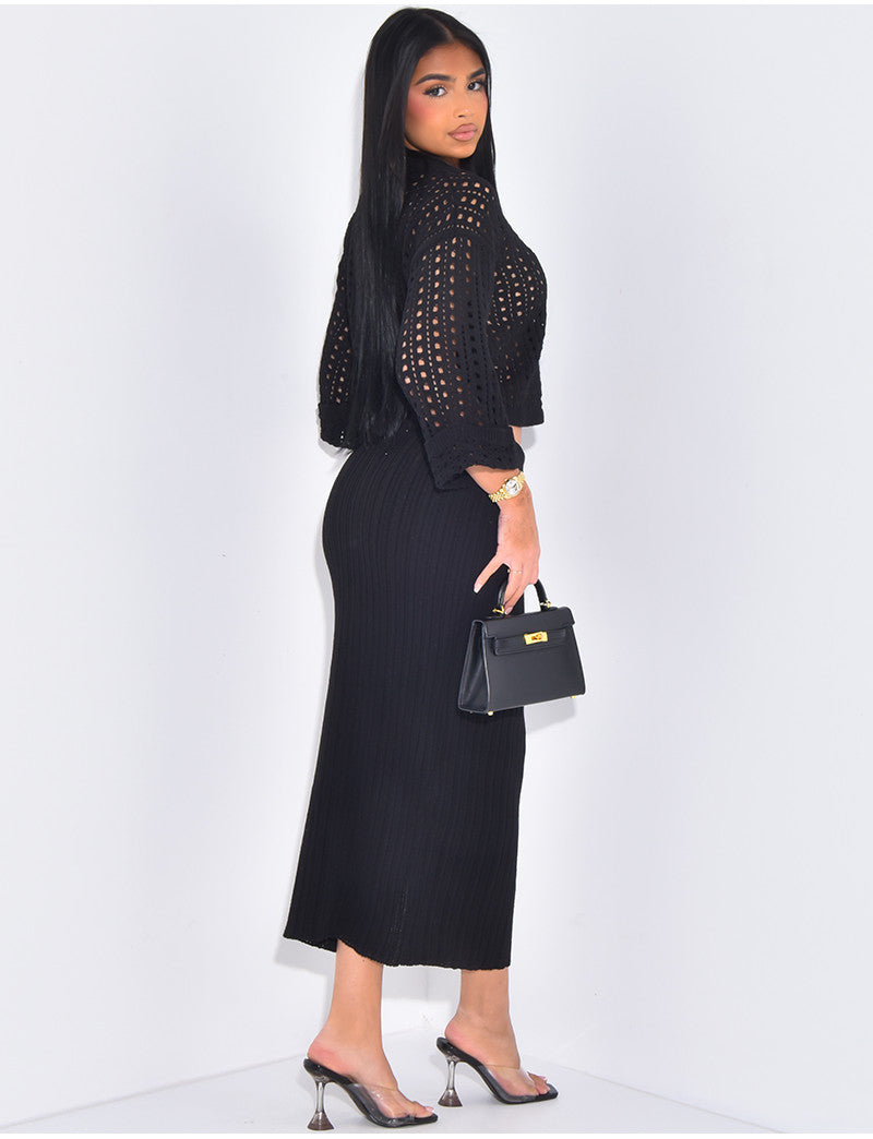 Ensemble jupe et pull ajouré en laine