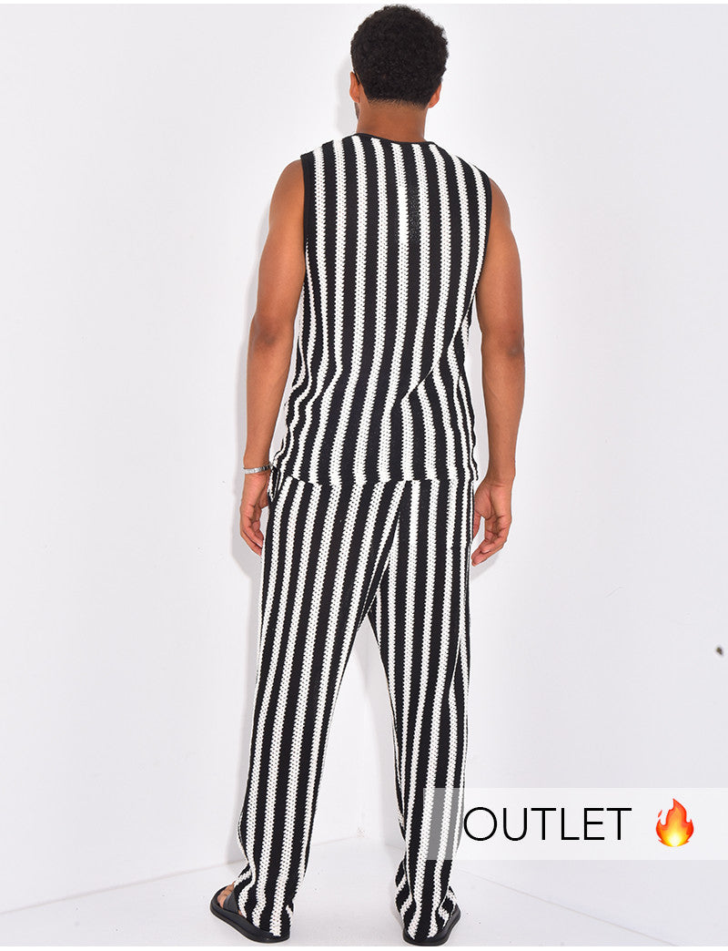Ensemble ajouré pantalon et t-shirt sans manches à rayures