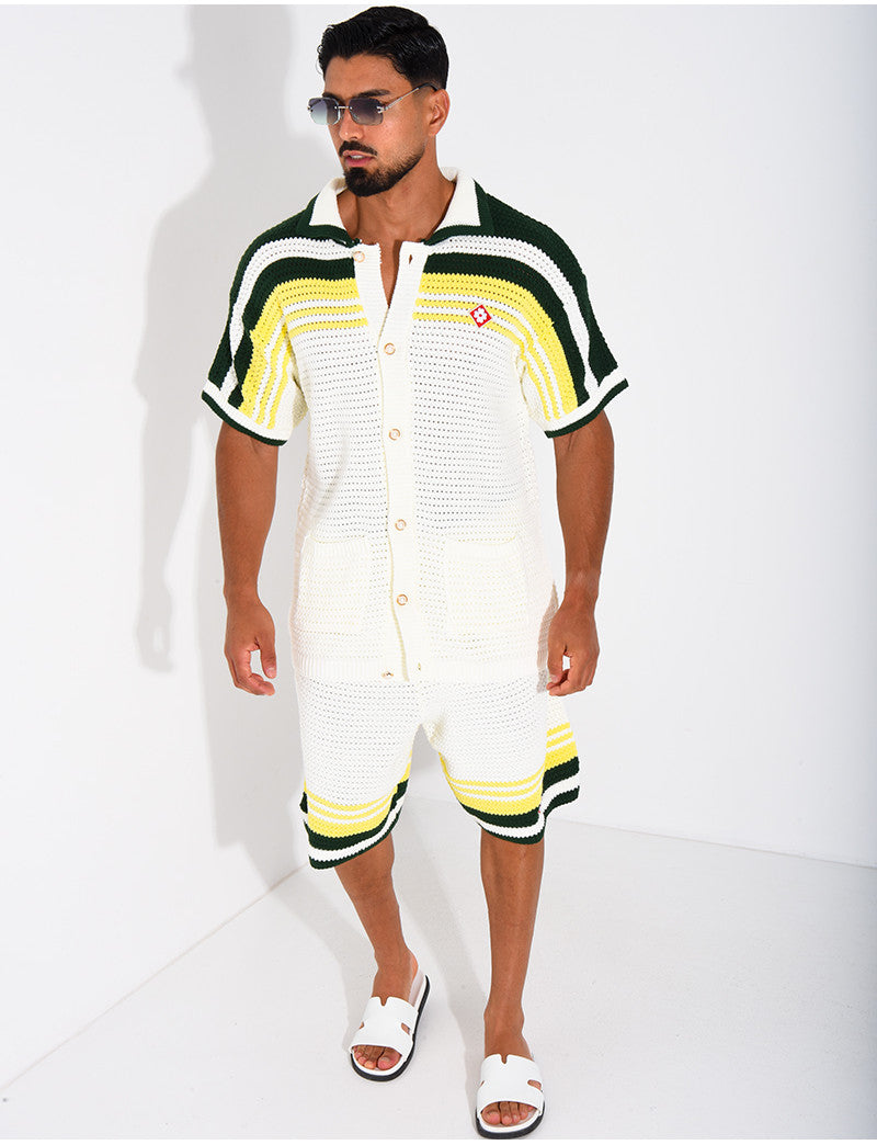 Ensemble ajouré short et chemise à bouton perle et trèfle