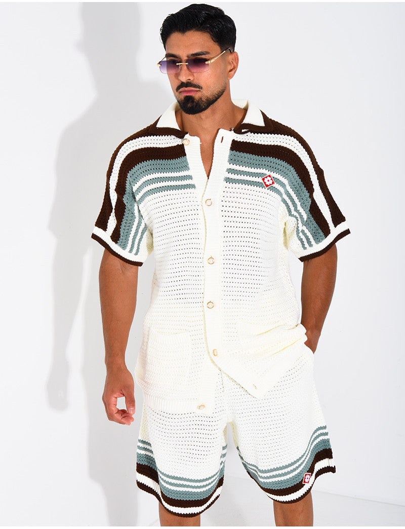 Ensemble ajouré short et chemise à bouton perle et trèfle