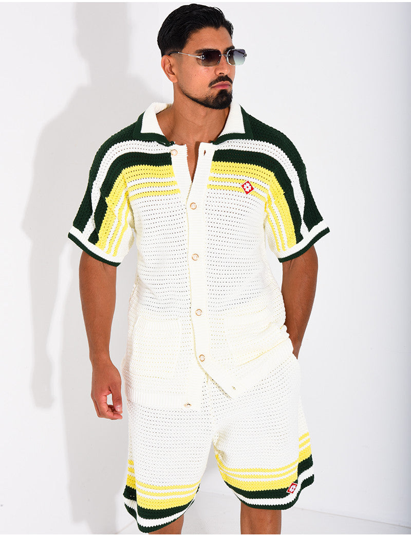 Ensemble ajouré short et chemise à bouton perle et trèfle