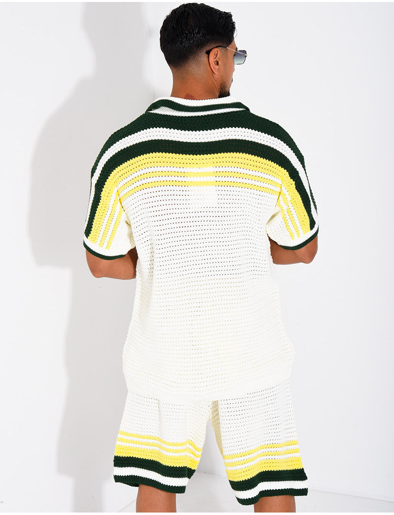 Ensemble ajouré short et chemise à bouton perle et trèfle