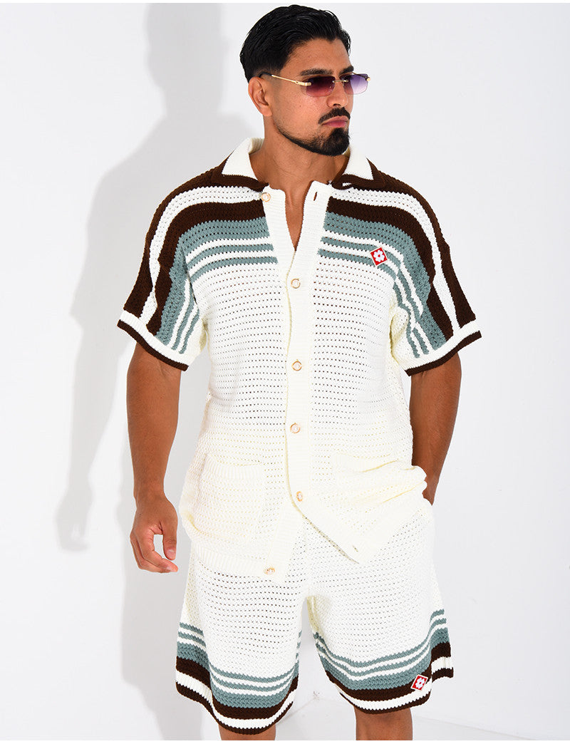 Ensemble ajouré short et chemise à bouton perle et trèfle