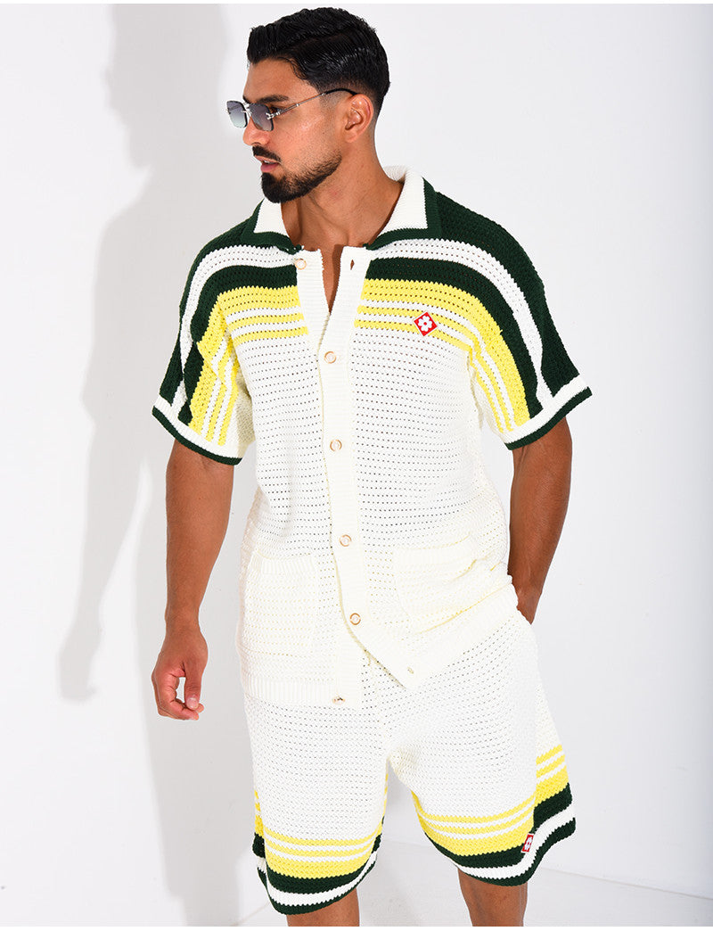 Ensemble ajouré short et chemise à bouton perle et trèfle