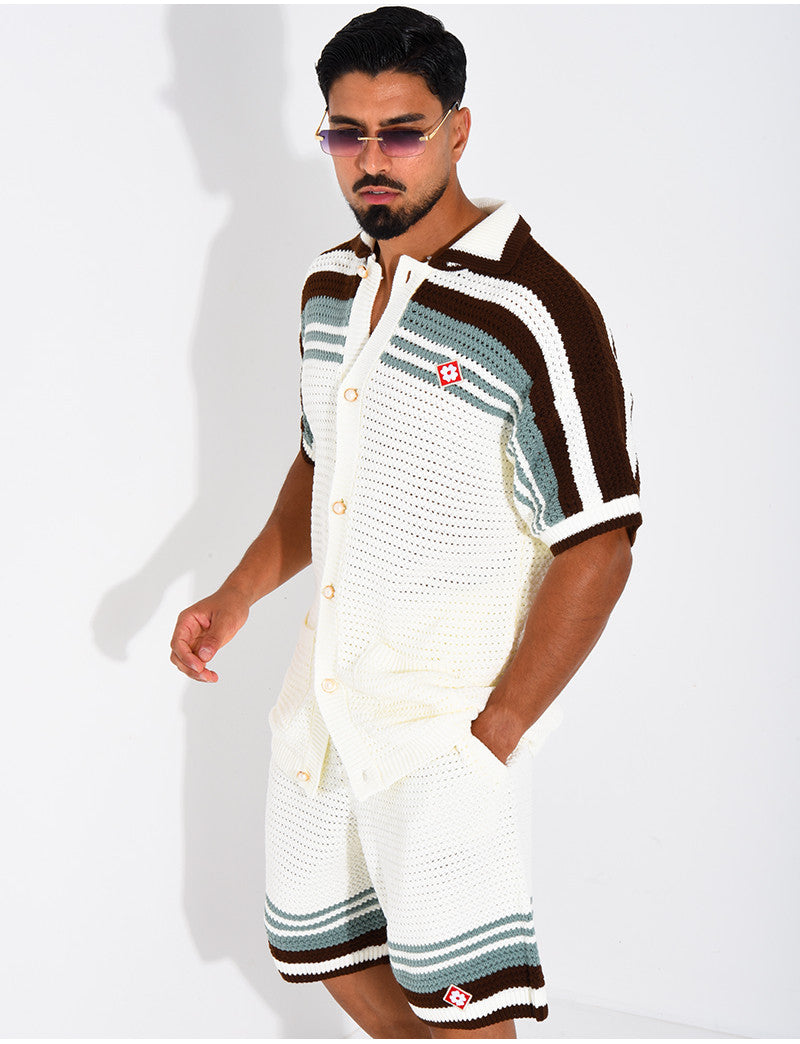 Ensemble ajouré short et chemise à bouton perle et trèfle