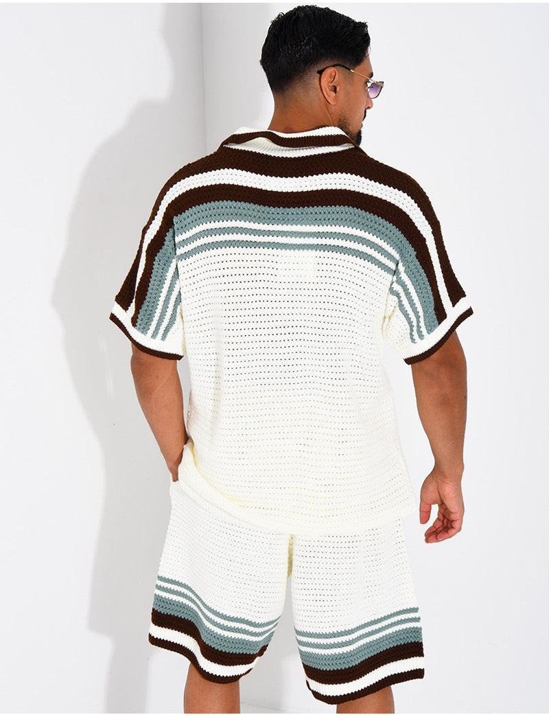 Ensemble ajouré short et chemise à bouton perle et trèfle
