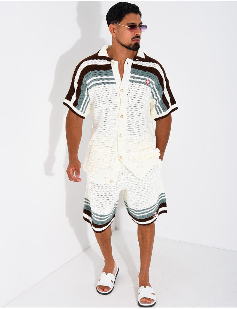 Ensemble ajouré short et chemise à bouton perle et trèfle