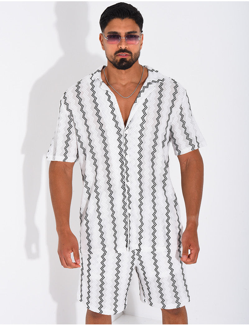Ensemble ajouré short et chemise à rayures
