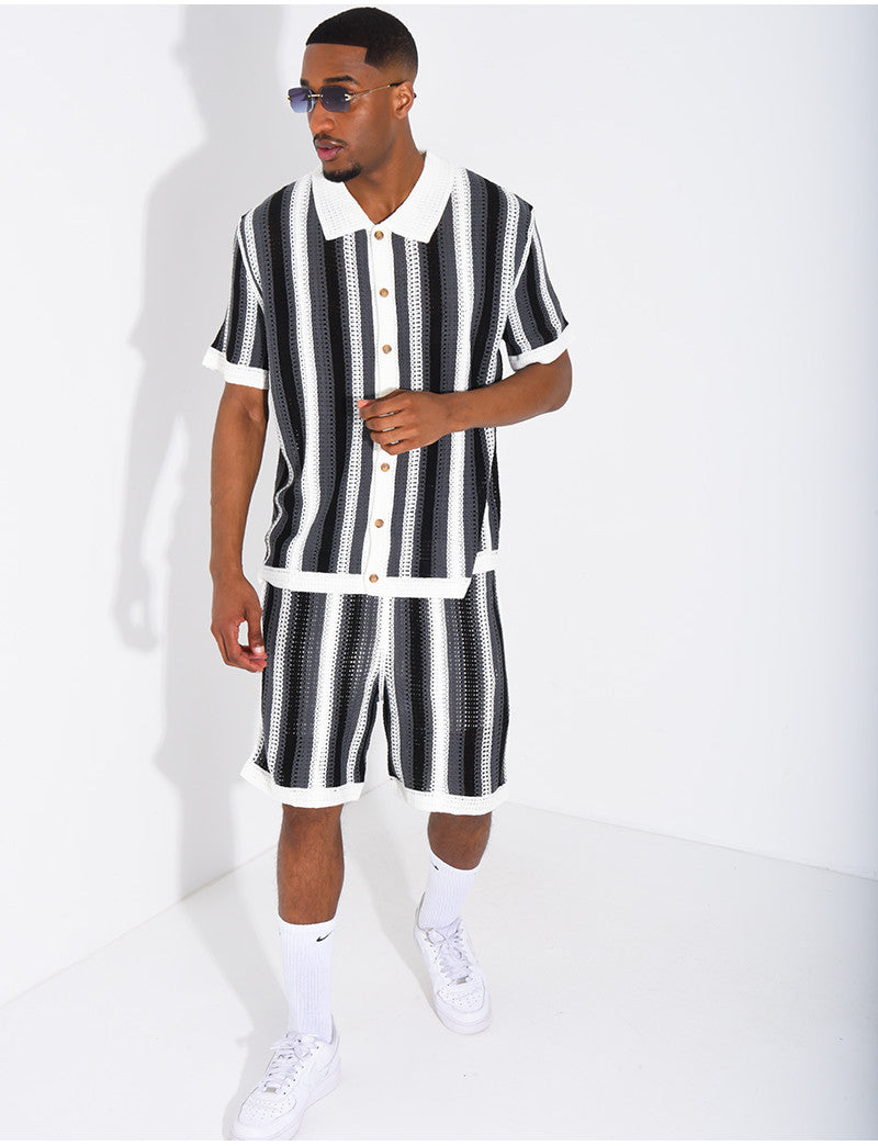 Ensemble ajouré short et chemise manches courtes à rayures