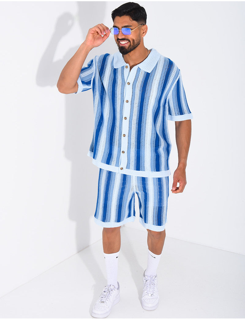 Ensemble ajouré short et chemise manches courtes à rayures
