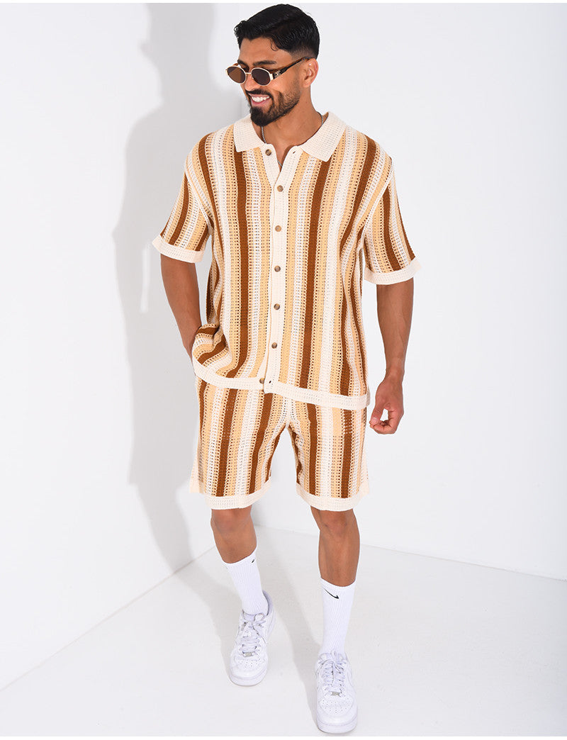 Ensemble ajouré short et chemise manches courtes à rayures
