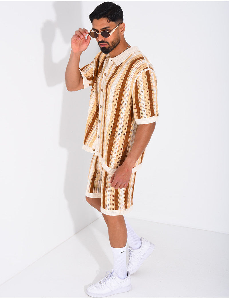 Ensemble ajouré short et chemise manches courtes à rayures