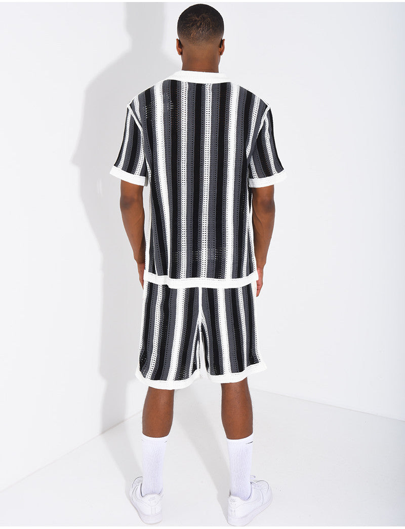 Ensemble ajouré short et chemise manches courtes à rayures