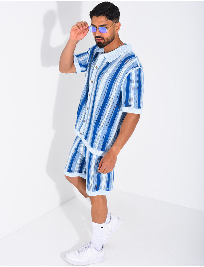 Ensemble ajouré short et chemise manches courtes à rayures