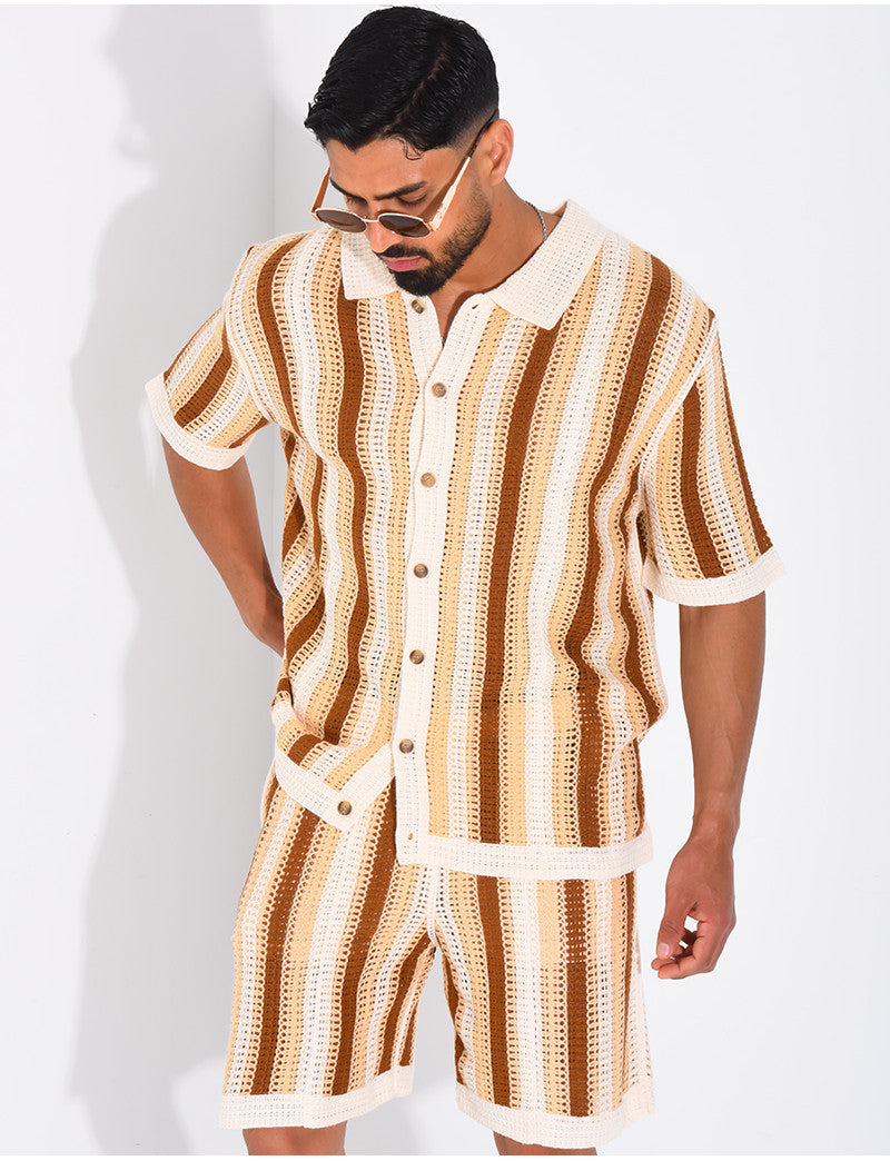 Ensemble ajouré short et chemise manches courtes à rayures