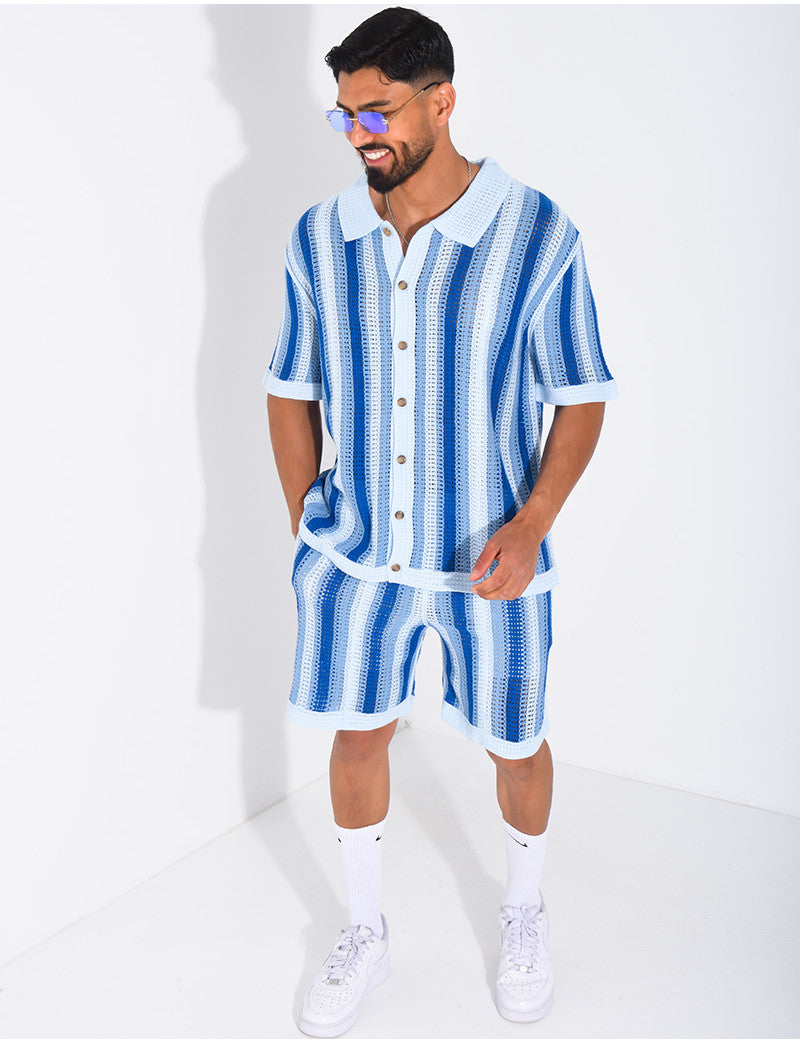 Ensemble ajouré short et chemise manches courtes à rayures