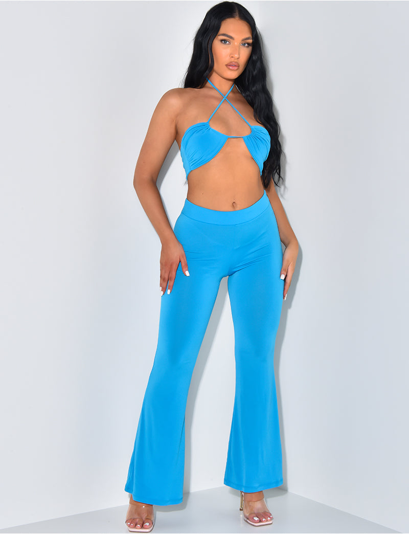 Ensemble crop-top à nouer autour du cou et pantalon fluide