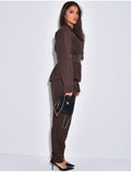 Ensemble tailleur 2 pièces blazer à ceinture en cuir et pantalon boutonné