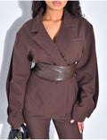Ensemble tailleur 2 pièces blazer à ceinture en cuir et pantalon boutonné