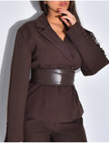 Ensemble tailleur 2 pièces blazer à ceinture en cuir et pantalon boutonné