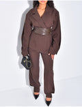 Ensemble tailleur 2 pièces blazer à ceinture en cuir et pantalon boutonné