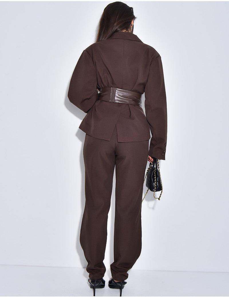 Ensemble tailleur 2 pièces blazer à ceinture en cuir et pantalon boutonné