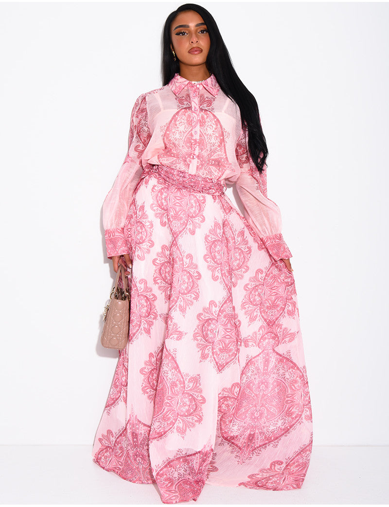 Ensemble jupe longue ceinturée et chemise imprimé