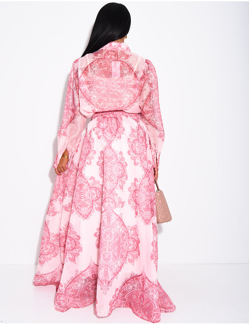 Ensemble jupe longue ceinturée et chemise imprimé