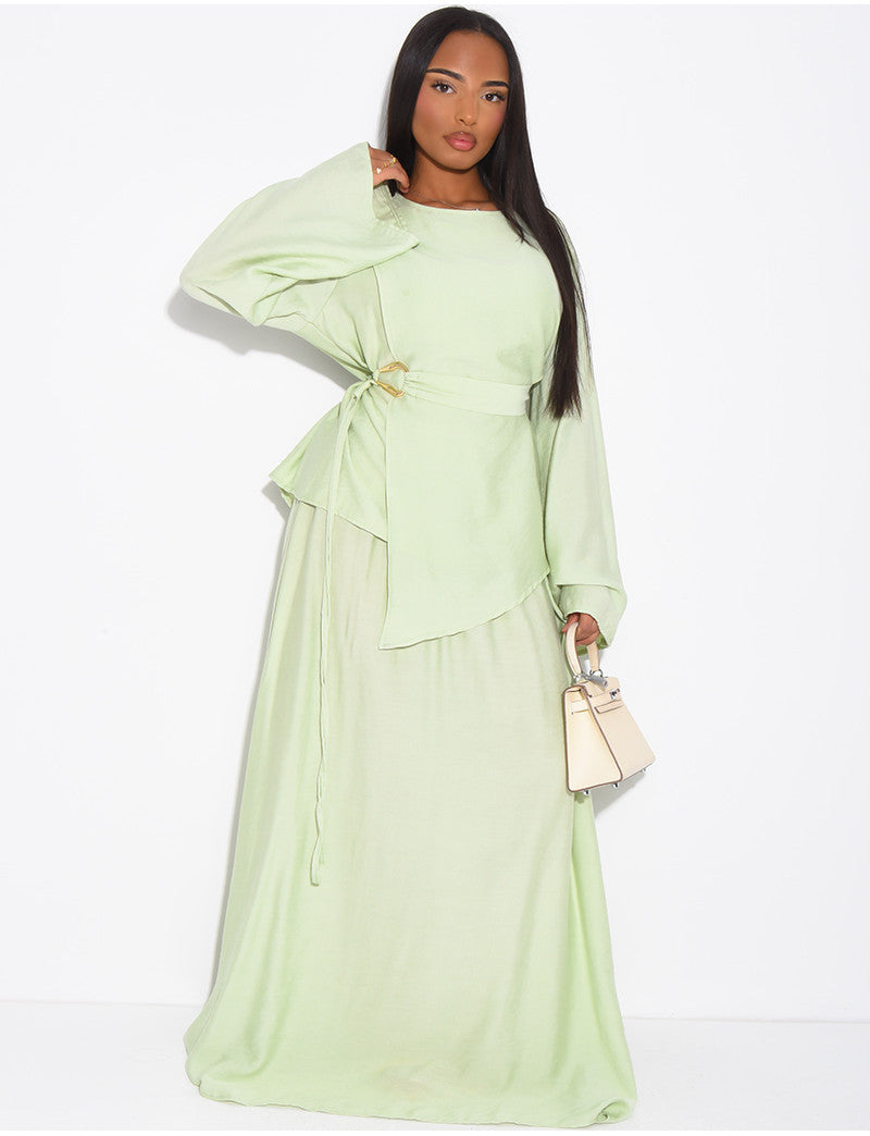 Ensemble effet lin jupe et top avec ceinture assortie
