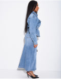 Ensemble en jeans jupe longue et veste à ceinturer