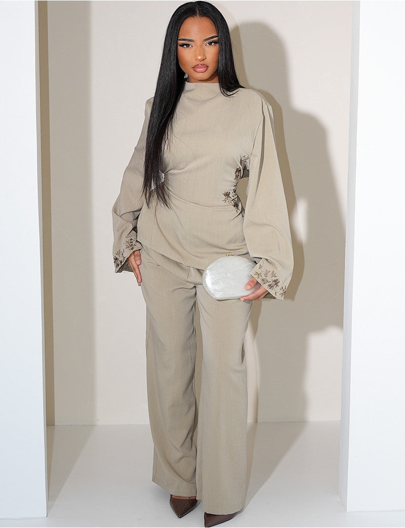Ensemble pantalon et top effet lin à broderies