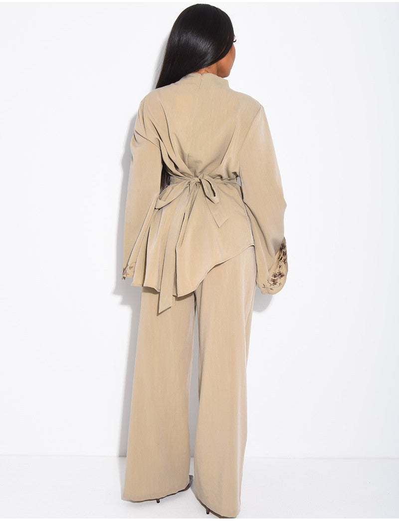Ensemble pantalon et top effet lin à broderies