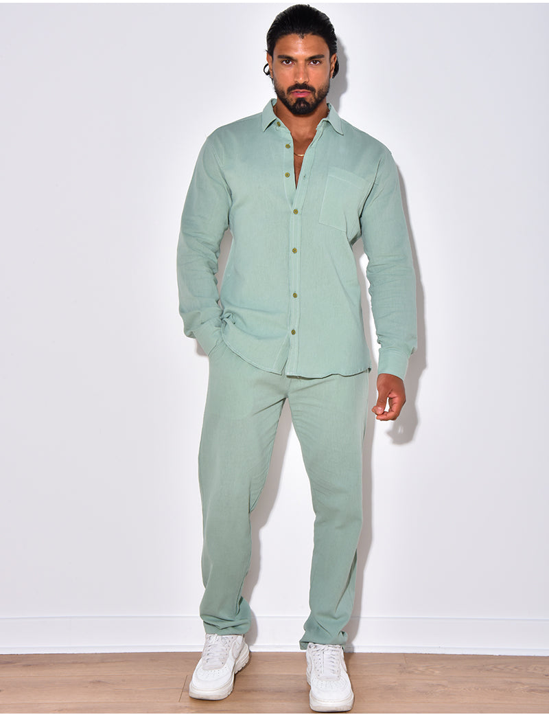 Ensemble en lin , chemise manches longues à poches et pantalon