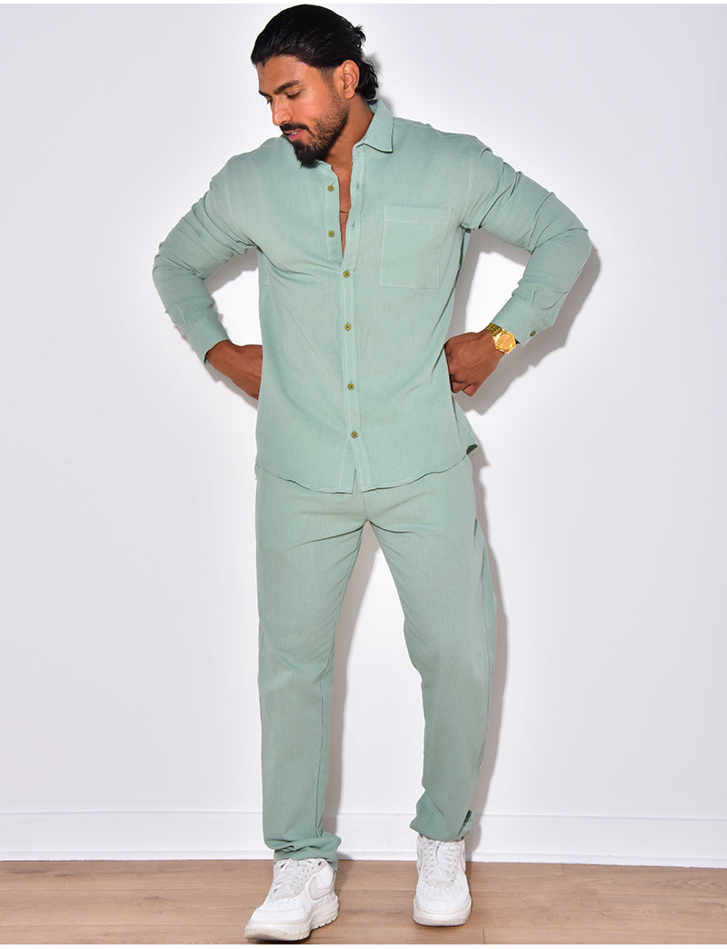 Ensemble en lin , chemise manches longues à poches et pantalon