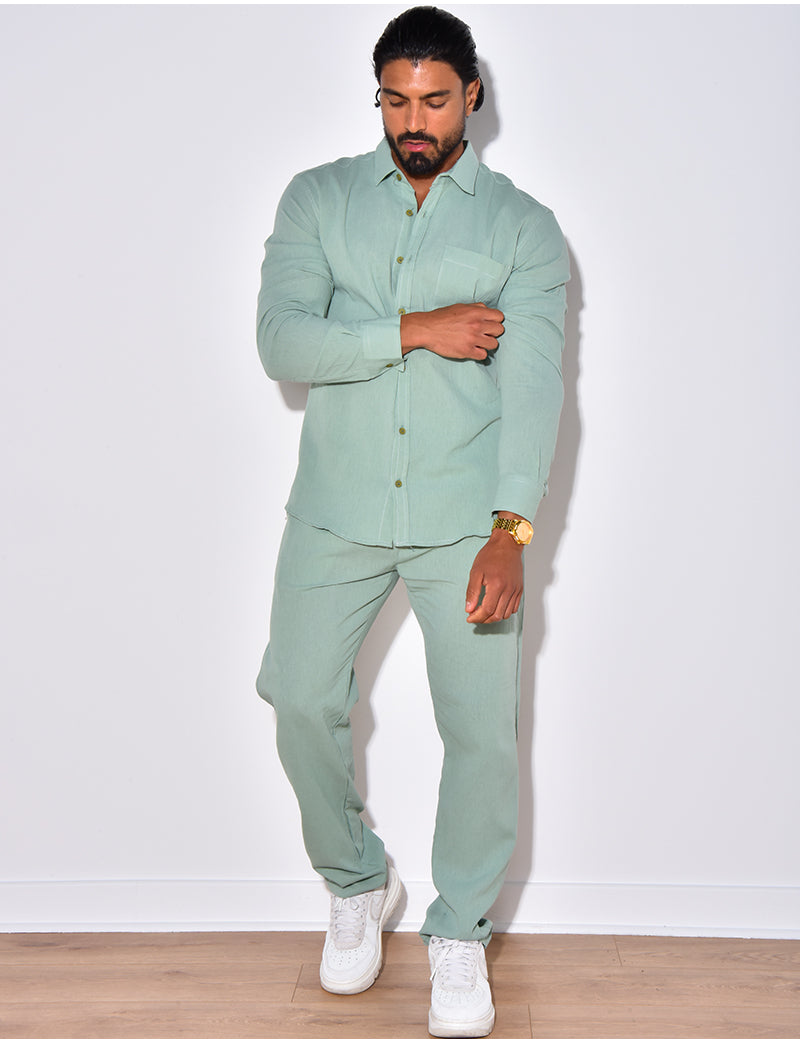 Ensemble en lin , chemise manches longues à poches et pantalon