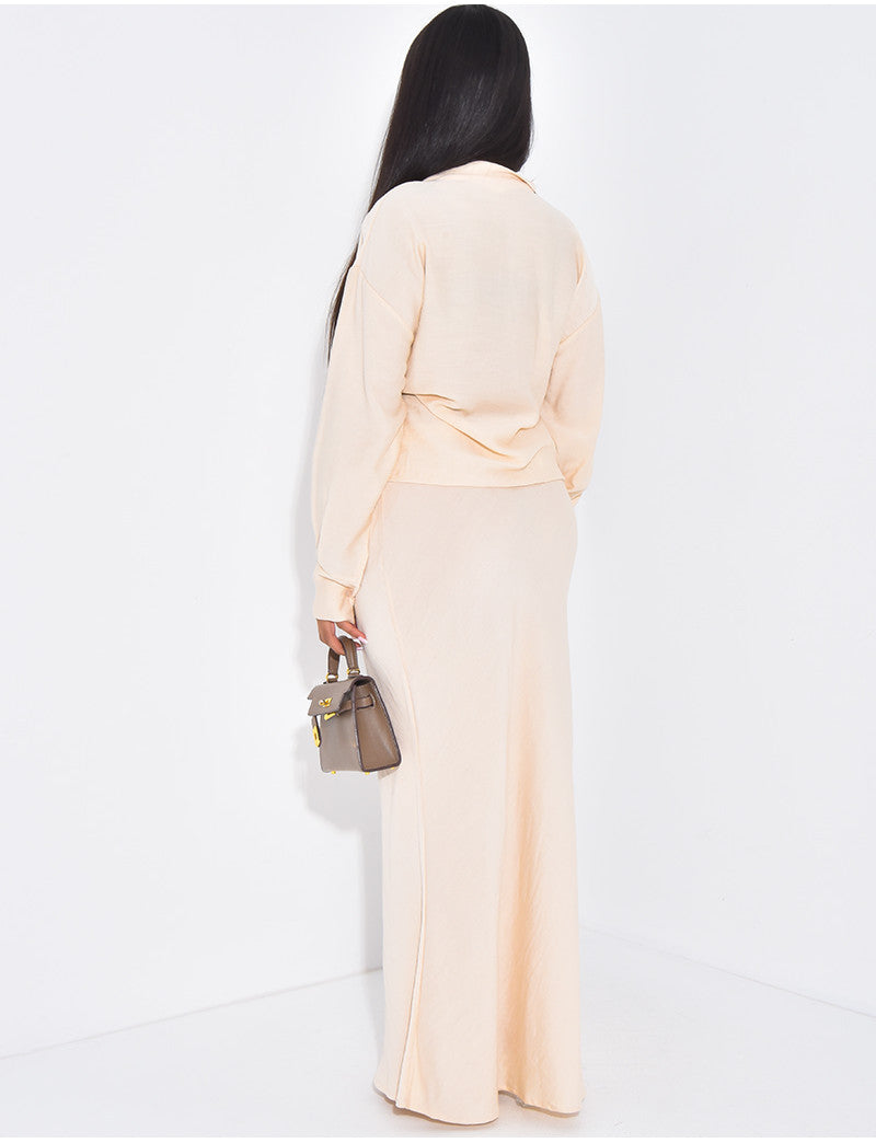 Ensemble blouse cache-coeur à nouer et jupe longue