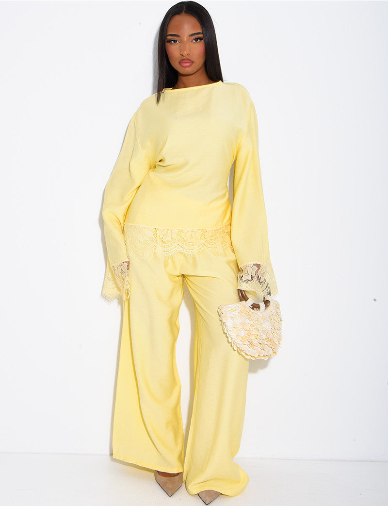 Ensemble effet lin top à dentelle et pantalon assorti