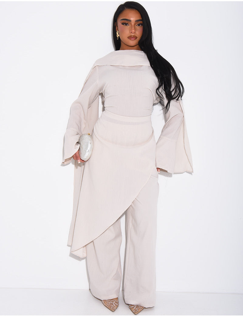 Ensemble effet lin à tunique asymétrique cintré, pantalon droit et châle